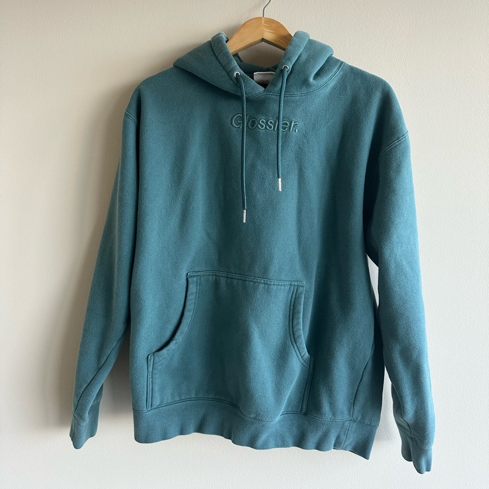Glossier Embroidered Sage Teal Green Hoodie Size Medium